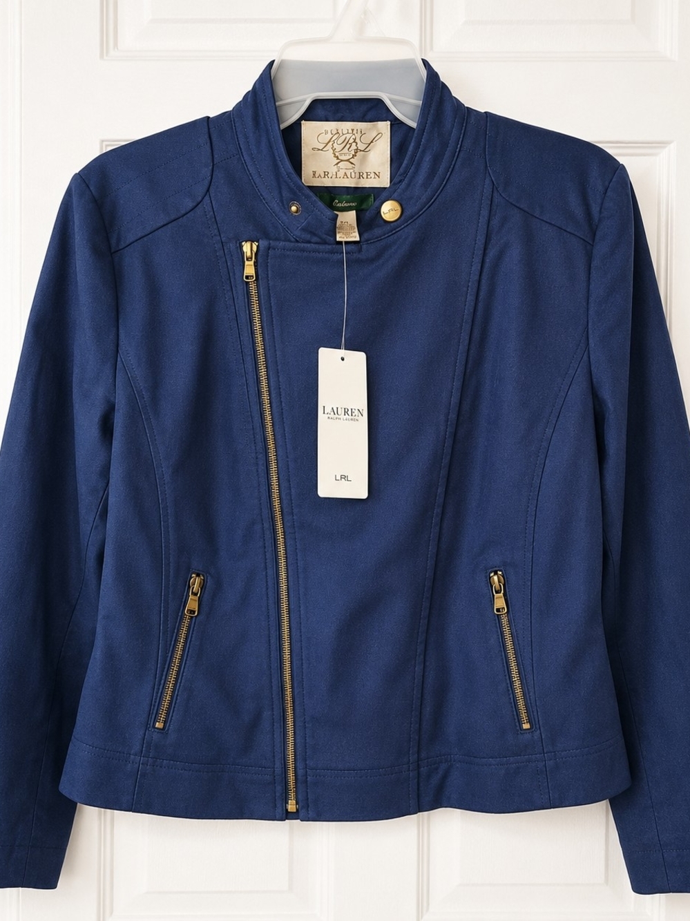 Lauren Ralph Lauren Blue Moto Jacket Gold Zippers NWT Size Large Petite